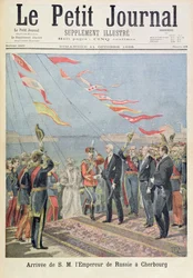 Titelblad med en illustration af Hans Majestæt den russiske kejsers ankomst til Cherbourg, illustration fra det illustrerede tillæg til Le Petit Journal, 11. oktober 1896.